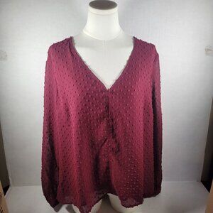 J.Crew Women Burgundy Textured Swiss Dot Long Sleeve Blouse V-Neck Size L